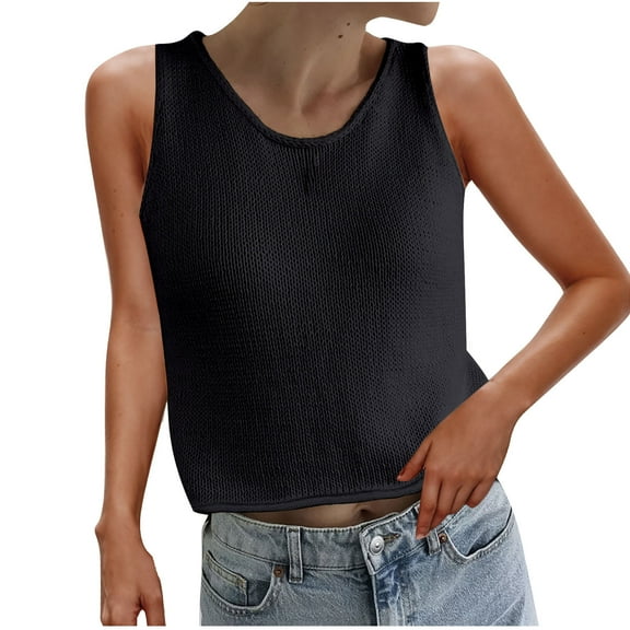 Wyobmus Womens Crochet Tank Tops Casual Crewneck Loose Knit Sleeveless Crop Sweater Vest Casual Loose Cami Tops Black