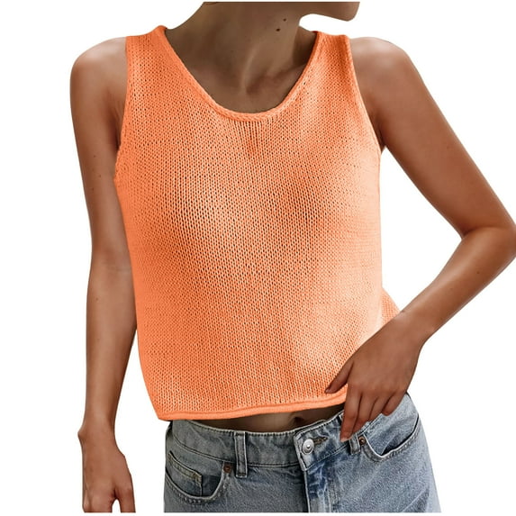 Wyobmus Womens Crochet Tank Tops Casual Crewneck Loose Knit Sleeveless Crop Sweater Vest Casual Loose Cami Tops Orange
