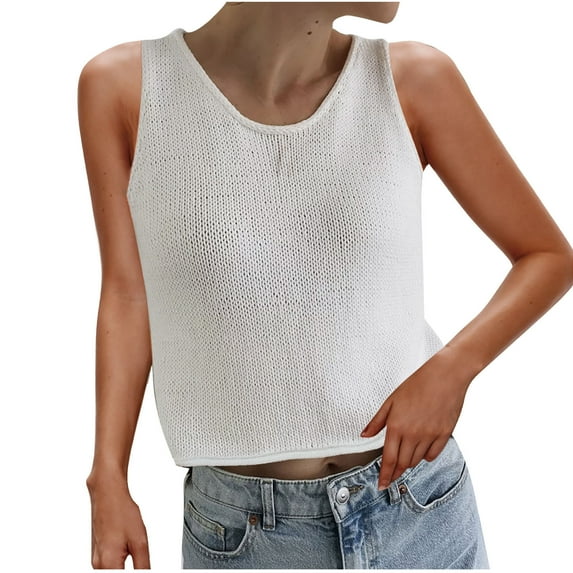 Wyobmus Womens Crochet Tank Tops Casual Crewneck Loose Knit Sleeveless Crop Sweater Vest Casual Loose Cami Tops White