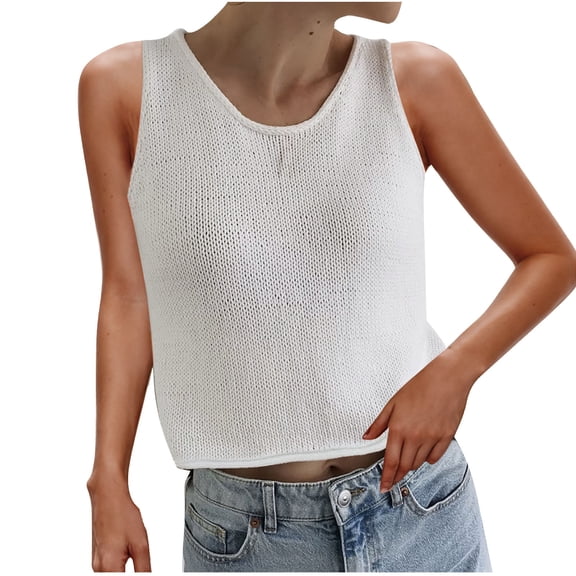 Wyobmus Womens Crochet Tank Tops Casual Crewneck Loose Knit Sleeveless Crop Sweater Vest Casual Loose Cami Tops White