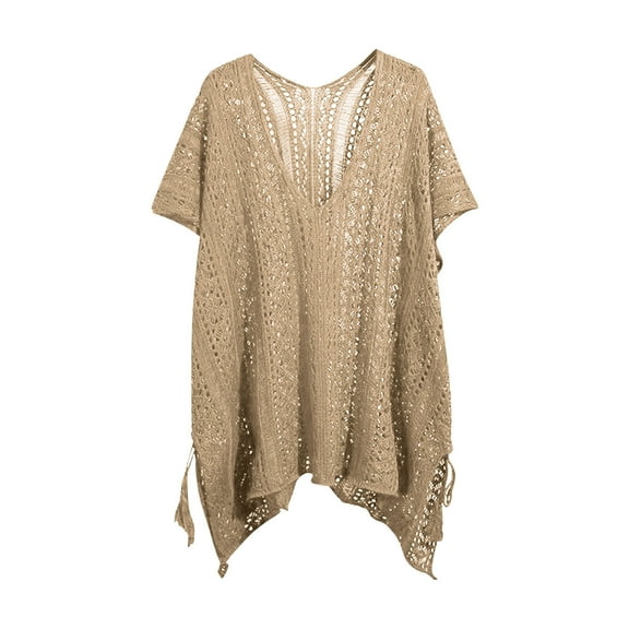 Wyobmus Womens Crochet Tops Batwing Short Sleeve Sweater Hollow Out V Neck Pullover Knit Tops Swim Cover Ups Khaki