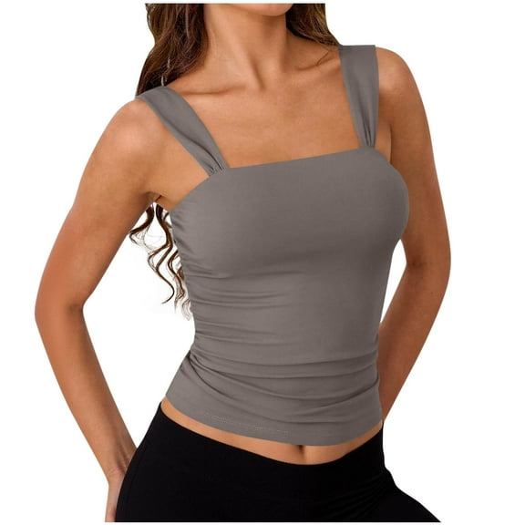 Wyobmus Womens Cropped Tops Sleeveless Strappy Tank Slim Fitted Square Neck Workout Fitness Casual Basic Crop Tops Gray