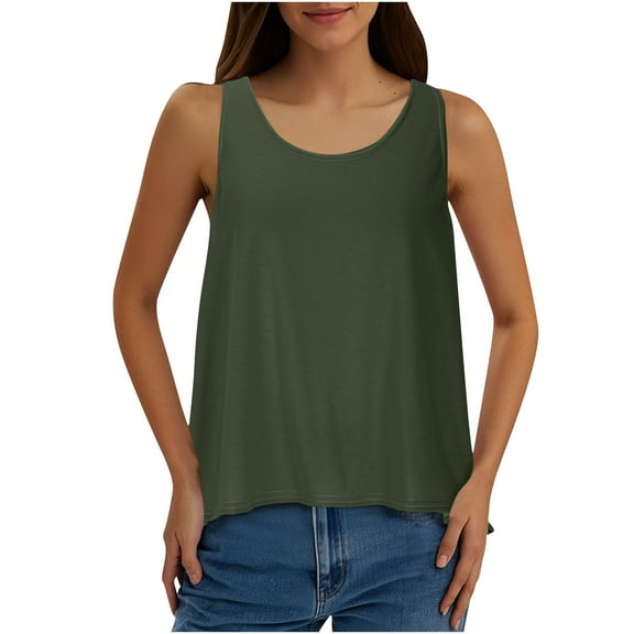 Wyobmus Womens Cross Backless Tank Tops Casual Sleeveless Open Back Tops Solid Color Cute Round Neck Flowy Shirts Olive Green