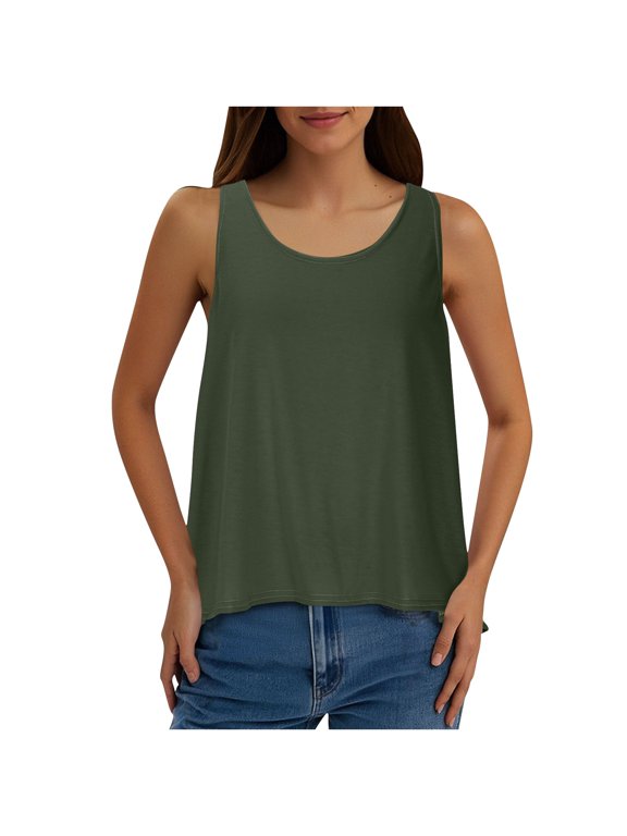 Womens Cross Backless Tank Tops Casual Sleeveless Open Back Tops Solid Color Cute Round Neck Flowy Shirts Olive Green