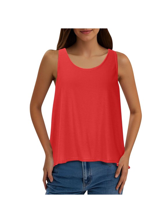 Womens Cross Backless Tank Tops Casual Sleeveless Open Back Tops Solid Color Cute Round Neck Flowy Shirts Red