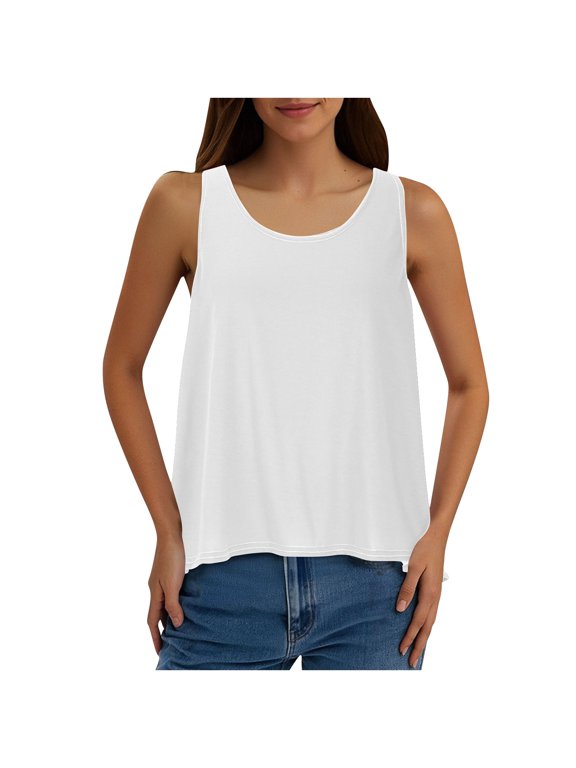 Womens Cross Backless Tank Tops Casual Sleeveless Open Back Tops Solid Color Cute Round Neck Flowy Shirts White