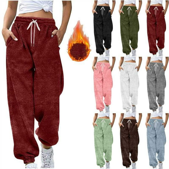 Wyobmus Womens Double Fleece Sweatpants Winter Warm Athletic Running Pants Closed Bottom Drawstring High Waisted Baggy Joggers Green