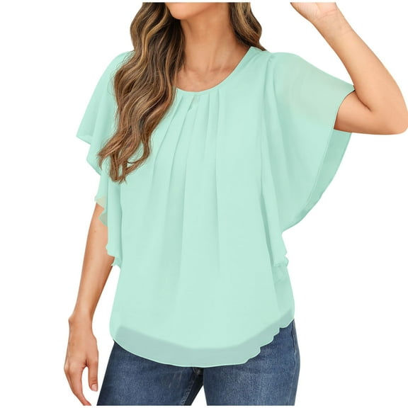 Wyobmus Womens Dressy Chiffon Blouses Summer Batwing Petal Short Sleeve Shirts Flutter Pleated Front V Neck Casual Tops S-2X Mint Green
