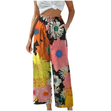 Wyobmus Womens Elastic High Waisted Palazzo Pants Loose Lightweight Wide Leg Lounge Boho Capri Pants With Pocket A-Yellow