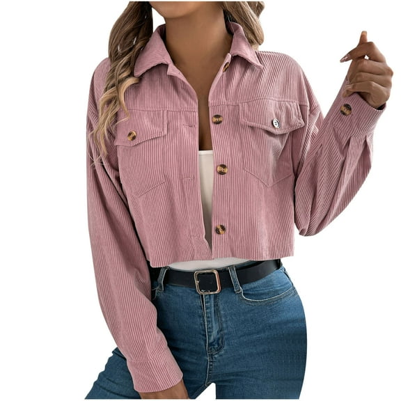 Wyobmus Womens Fashion Cropped Shackets with Chest Pocket Corduroy Button Down Solid Crop Jackets Long Sleeve Outerwear Fall Trendy Clothes A-Pink