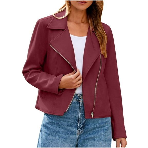Wyobmus Womens Faux Suede Jackets Long Sleeve Lapel Casual Cropped Jacket Slant Full Zipper Biker Moto Jacket Fall Winter Outfits B-Burgundy
