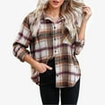 thumbnail image 1 of Wyobmus Womens Flannel Shacket Fall Winter Outfits Casual Checkered Jacket Plaid Button Down Long Sleeve Flip Collar Shirt F-Khaki, 1 of 8