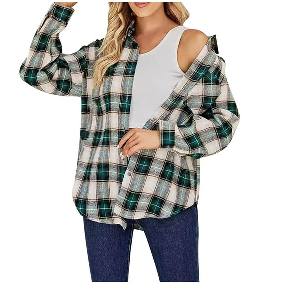 Wyobmus Womens Flannel Shacket Fall Winter Outfits Casual Checkered Jacket Plaid Button Down Long Sleeve Flip Collar Shirt G-Green