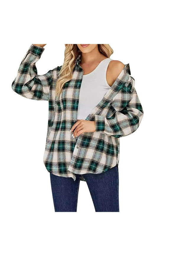 Womens Flannel Shacket Fall Winter Outfits Casual Checkered Jacket Plaid Button Down Long Sleeve Flip Collar Shirt G-Green