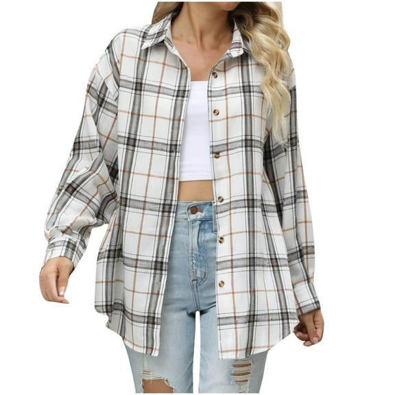 Wyobmus Womens Flannel Shacket Fall Winter Outfits Casual Checkered Jacket Plaid Button Down Long Sleeve Flip Collar Shirt I-White