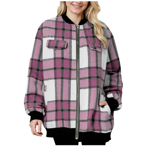 Wyobmus Womens Flannel Shirts Jackets Casual Full-Up Long Sleeve Plaid Mid Length Jacket Laides Lightweight Fall Fashion Outfits with Decor Flip Pockets Purple