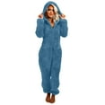 thumbnail image 1 of Wyobmus Womens Fleece Onesies Pajamas Jumpsuit Solid Warm Sherpa Romper Sleepwear One Piece Zipper Hooded Playsuit Loungewear Navy, 1 of 7