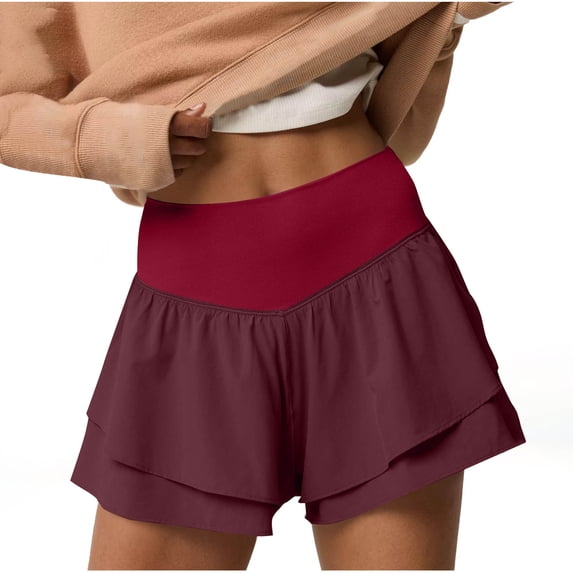 Wyobmus Womens High Elastic Waisted Sport Shorts Ruffle Tiered Running Workout Tennis Shorts With Build In Shorts Burgundy