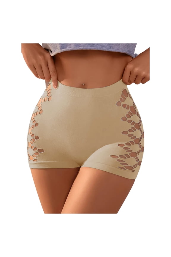 Womens Hollow Out Underwear Ladies Soft Boy Shorts Cotton Moisture-Wicking Running Boxer Shorts Stretch Waistband Everyday Wear Panties B-Beige