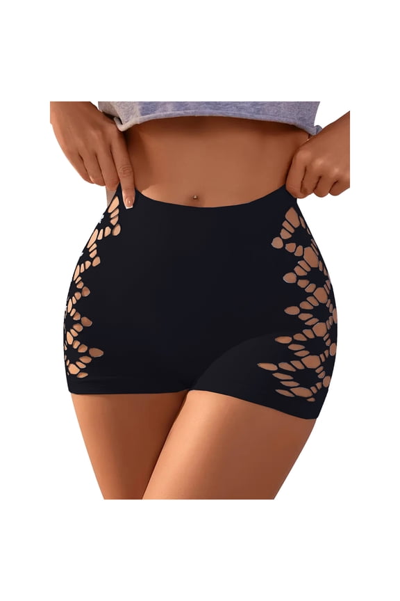 Womens Hollow Out Underwear Ladies Soft Boy Shorts Cotton Moisture-Wicking Running Boxer Shorts Stretch Waistband Everyday Wear Panties B-Black