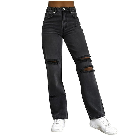 Wyobmus Womens Jeans Casual Vintage Jeans Mid Waisted Stretchy Ripped Distressed Straight Fit Denim Pants Black