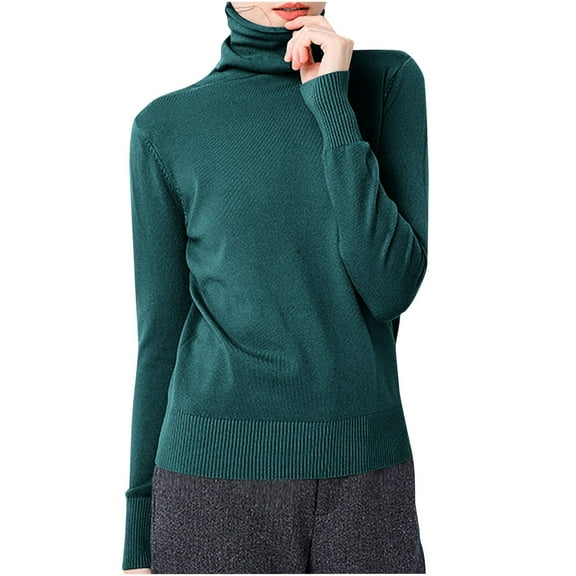 Wyobmus Womens Knitted Sweater Solid Color Long Sleeve Knitwear Casual Turtleneck Slim Base Layer Blouse Tops C-Green