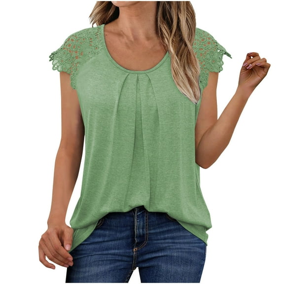 Wyobmus Womens Lace Shirts Pleated Front Short Sleeve T-Shirts Summer Loose Business Casual Dressy Tunic Blouses S-2X Green