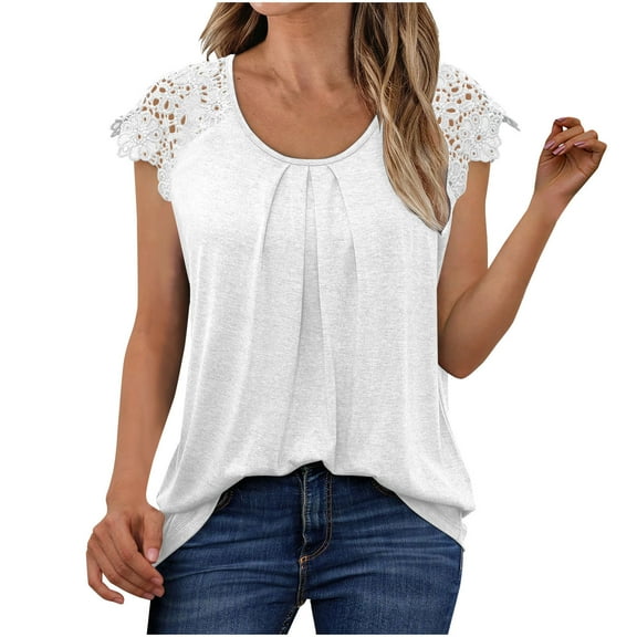 Wyobmus Womens Lace Shirts Pleated Front Short Sleeve T-Shirts Summer Loose Business Casual Dressy Tunic Blouses S-2X White