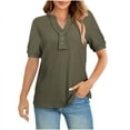 thumbnail image 1 of Wyobmus Womens Lantern Sleeve Tops Mock Crew Neck Short Sleeve Buttons Shirt Plain Waffle KniT-Shirts Loose Fit Summer Blouse Basic Tee Olive Green, 1 of 5