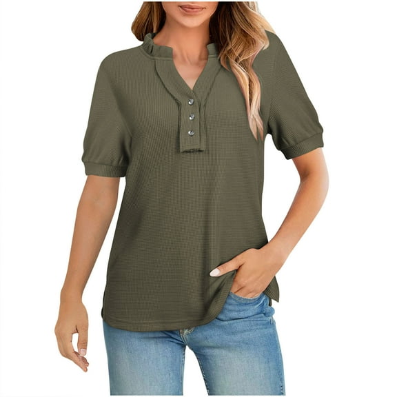 Wyobmus Womens Lantern Sleeve Tops Mock Crew Neck Short Sleeve Buttons Shirt Plain Waffle KniT-Shirts Loose Fit Summer Blouse Basic Tee Olive Green