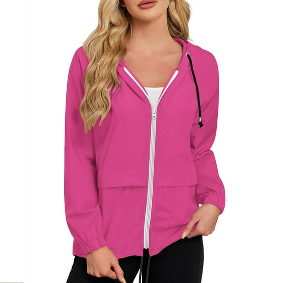 Wyobmus Womens Light Rain Jacket Waterproof Windbreaker Zip Up Hooded Jacket with Storage Bag Raincoats for Hiking Travel Outdoors S-XXL Hot Pink