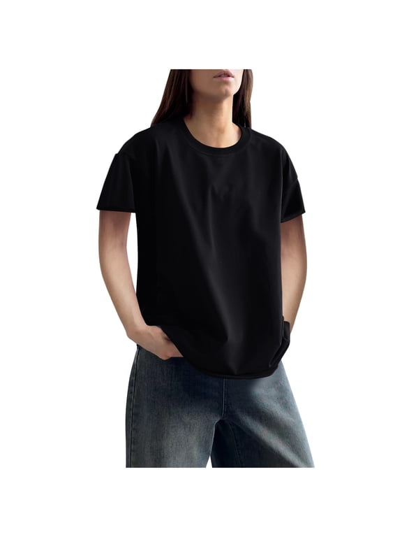 Womens Lightweight Cotton T-Shirt Short Sleeved Plain Tees Summer Breathable Crew Neck Tunic Basic Shirt Loose Fit A-Black