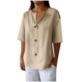 thumbnail image 1 of Wyobmus Womens Linen Button Down Shirt Half Sleeve Crew Neck T Shirt Lightweight Solid Cotton Collared Blouses With Pocket S-2X Khaki, 1 of 6