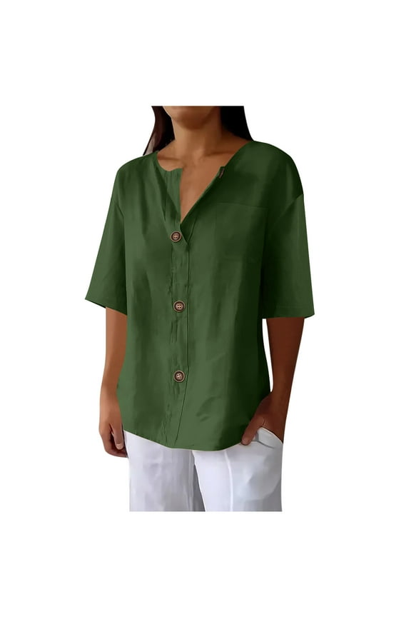 Womens Linen Button Down Shirt Half Sleeve Crew Neck T Shirt Lightweight Solid Cotton Collared Blouses With Pocket S-2X Olive Green