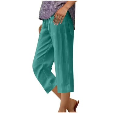 Wyobmus Womens Linen Capri Pants Loose Fit Casual Capri Pants Dressy Lightweight Straihgt Fit Beach Lounge Pants With Pocket Mint Green