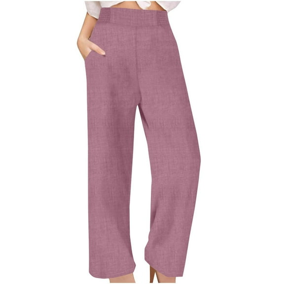 Wyobmus Womens Linen Pants High Waisted Wide Leg Lounge Pants Casual Loose Back Elastic Waist Trousers With Pockets B-Pink