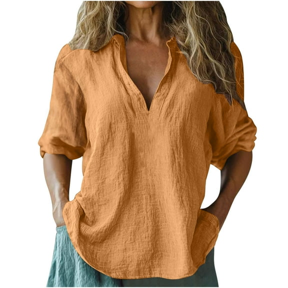Wyobmus Womens Linen Summer Shirts Solid Color 3/4 Sleeve Casual Tops Lightweight Comfy Cotton Linen V Neck T-Shirt Blouse A-Orange