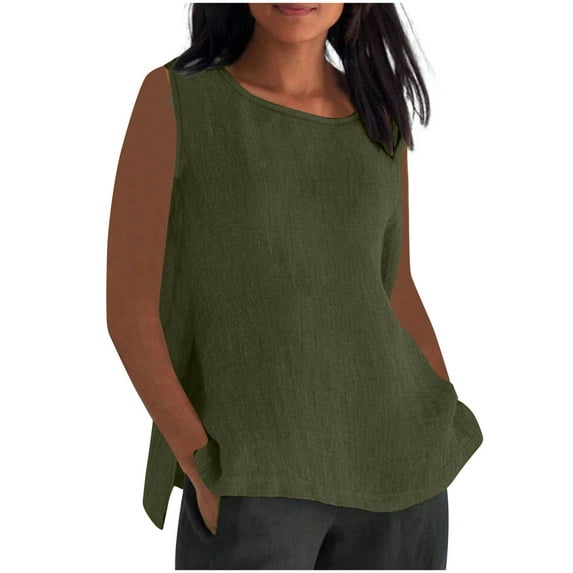 Wyobmus Womens Linen Summer Tank Tops Crew Neck Sleeveless Loose Casual Shirt Solid Breathable Side Split Hem Flowy Basic Shirt S-2X Olive Green