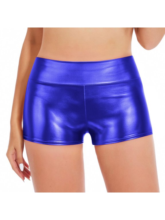 Womens Liquid Shiny Metallic Booty Shorts High Waisted Cheeky Shorts Solid Color High Waist Bottoms for Dance Festival Blue