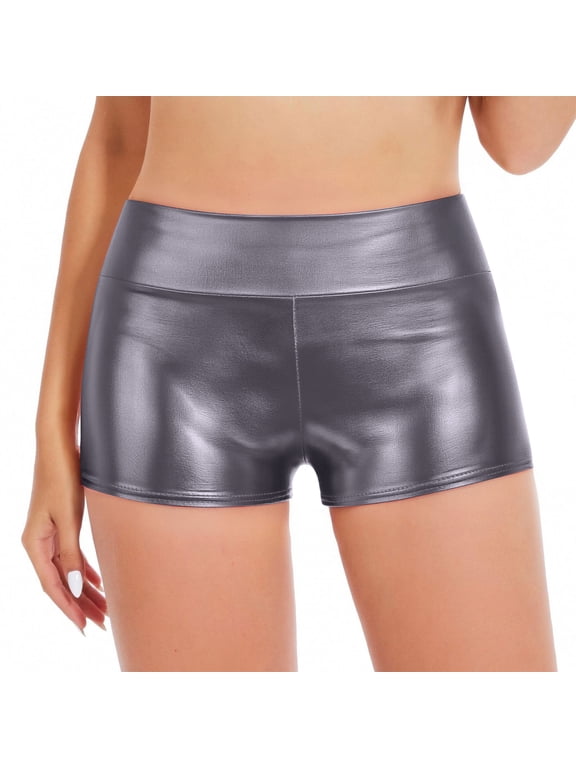 Womens Liquid Shiny Metallic Booty Shorts High Waisted Cheeky Shorts Solid Color High Waist Bottoms for Dance Festival Dark Gray