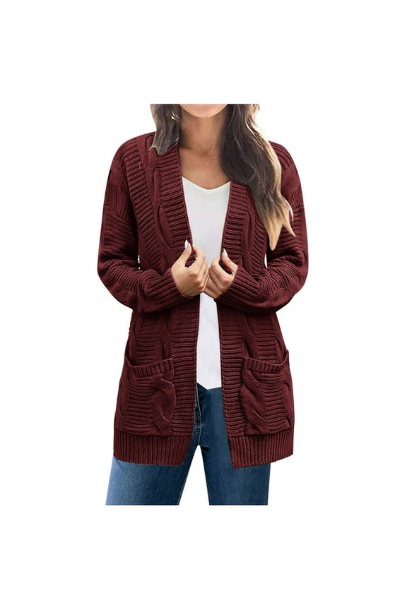 Womens Long Cardigan Sweaters Plus Size Knit Cardigan Solid Loose Long Sleeves Cable Knit Blouse Cardigan Coat Burgundy