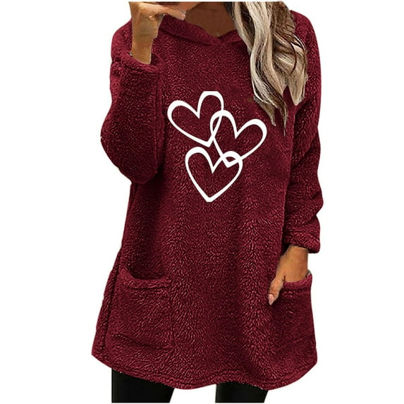 Wyobmus Womens Long Fuzzy Hoodies Winter Warm Hoodie Cozy Oversized Pockets Printed Hooded Blouse Long Sleeve Hooded Tops A-Burgundy