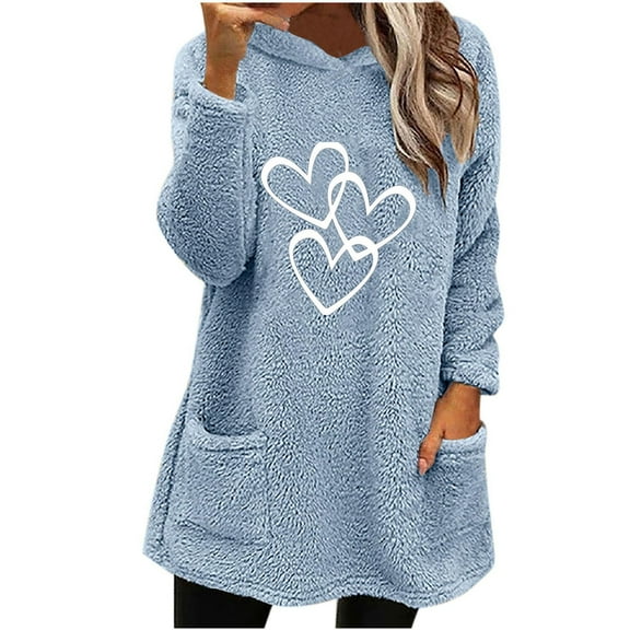 Wyobmus Womens Long Fuzzy Hoodies Winter Warm Hoodie Cozy Oversized Pockets Printed Hooded Blouse Long Sleeve Hooded Tops A-Light Blue