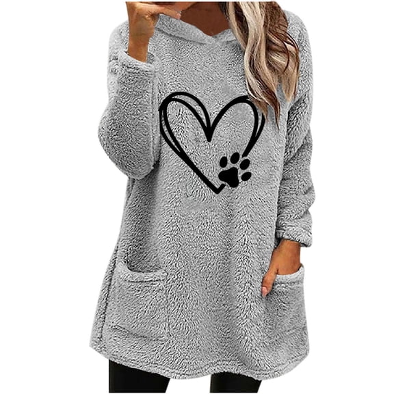 Wyobmus Womens Long Fuzzy Hoodies Winter Warm Hoodie Cozy Oversized Pockets Printed Hooded Blouse Long Sleeve Hooded Tops D-Gray