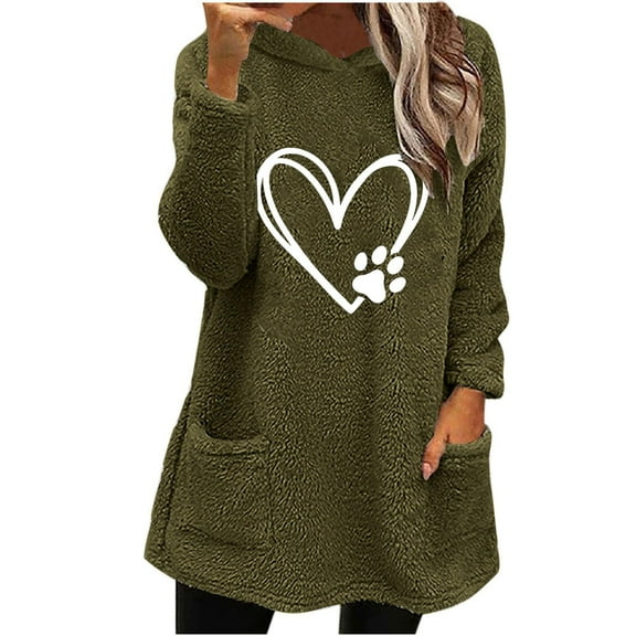 Wyobmus Womens Long Fuzzy Hoodies Winter Warm Hoodie Cozy Oversized Pockets Printed Hooded Blouse Long Sleeve Hooded Tops D-Olive Green