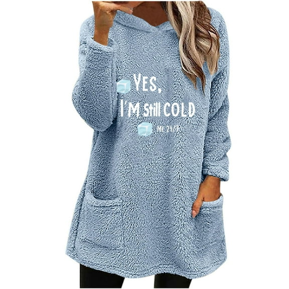 Wyobmus Womens Long Fuzzy Hoodies Winter Warm Hoodie Cozy Oversized Pockets Printed Hooded Blouse Long Sleeve Hooded Tops E-Light Blue