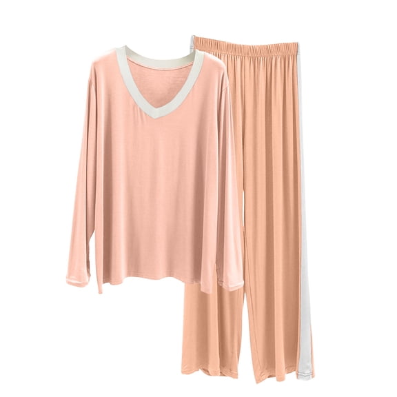 Wyobmus Womens Long Pajama Sets 2 Piece Sleep Outfits Casual Soft Contrast V Neck T-Shirt & Comfortable Drawstring Pants Lounge Pj Set C-Pink*