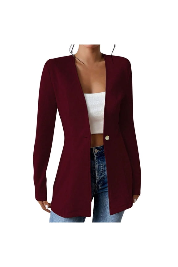 Womens Long Sleeve Blazer V Neck Casual Work Blazers One Button Open Front Pockets Suit Jackets Burgundy