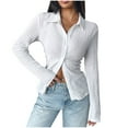 thumbnail image 1 of Wyobmus Womens Long Sleeve Shirts Dressy Lightweight Bubble Wrinkle V Neck Cadigans Slim Fitted Business Button Down Casual Tops S-2X White, 1 of 9