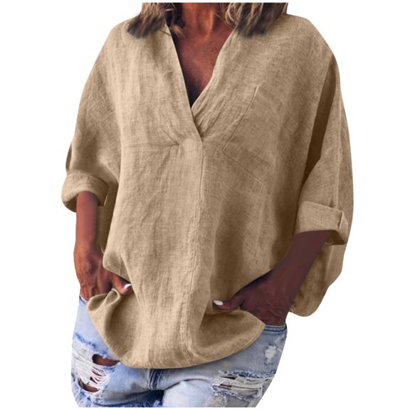 Wyobmus Womens Loose Fit Linen Shirts 3/4 Sleeve Summer T-Shirt 2025 Trendy Criss Cross V Neck Beach Vacation Blouse S-3X Khaki